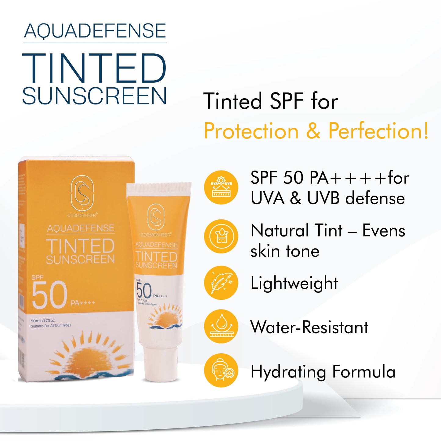Aquadefense Tinted Sunscreen SPF 50 PA ++++ (Protection from UVA & UVB rays ) | 50 ml