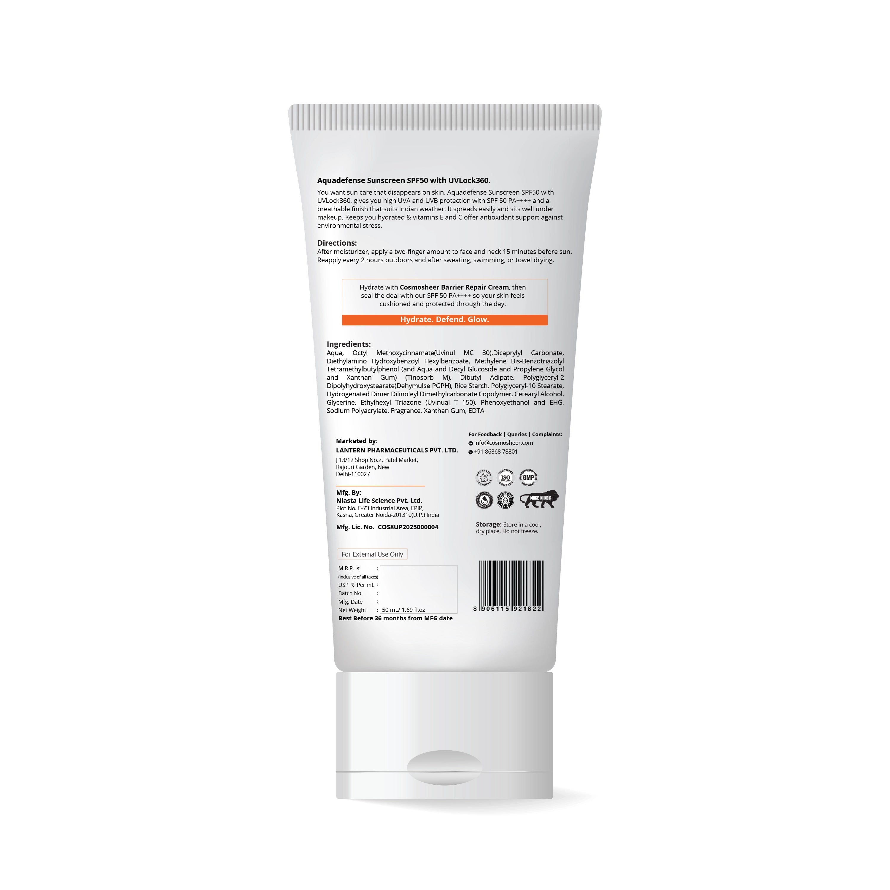 Aquadefense Sunscreen SPF 50 PA++++ | Broad Spectrum UVA & UVB | Water-Resistant | Lightweight Hydrating Lotion | 50 ml | Pack of 2
