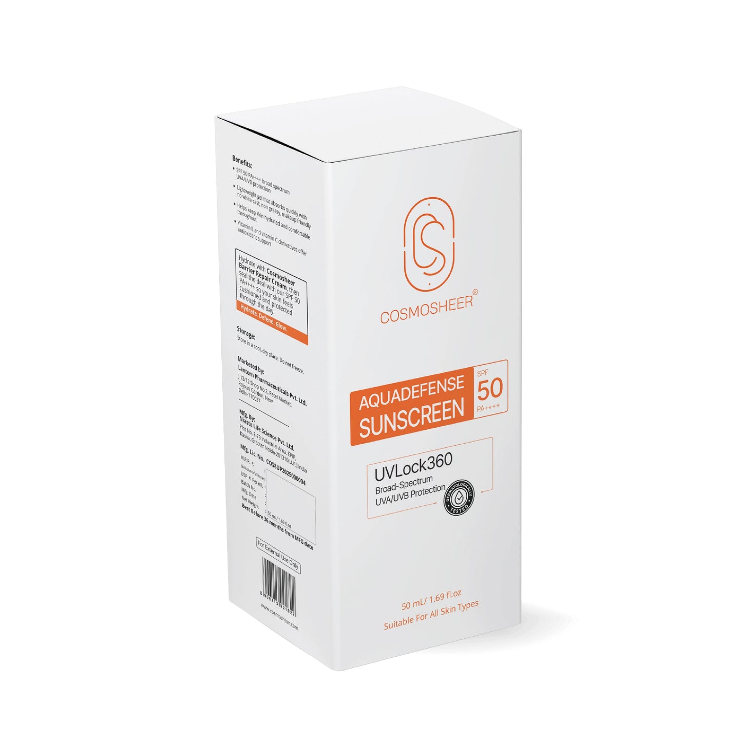 Aquadefense Sunscreen SPF 50 PA++++ | Broad Spectrum UVA & UVB | Water-Resistant | Lightweight Hydrating Lotion | 50 ml