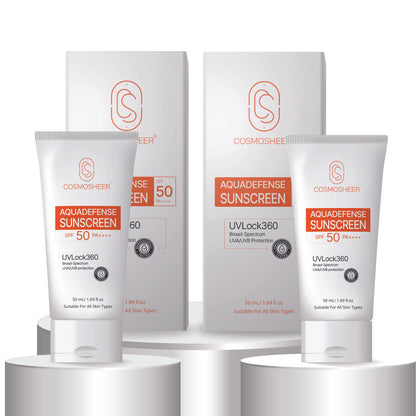 Aquadefense Sunscreen SPF 50 PA++++ | Broad Spectrum UVA & UVB | Water-Resistant | Lightweight Hydrating Lotion | 50 ml | Pack of 2